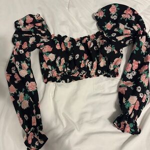 H&M Black Floral Puff Sleeve Blouse